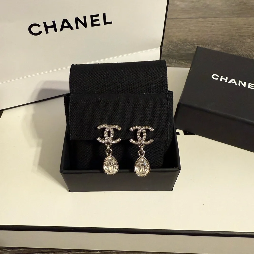 CHANEL Silver Crystal CC Teardrop Dangle Clip On Earrings